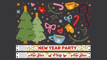 Set cartoon New Year stickers and wristband in the 90s groovy style. Hippie New Yaer patches, new year party, party wristband, winter characters,gifts. Acid bright labels 8 vector