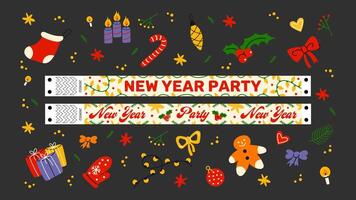 Set cartoon New Year stickers and wristband in the 90s groovy style. Hippie New Yaer patches, new year party, party wristband, winter characters,gifts. Acid bright labels vector