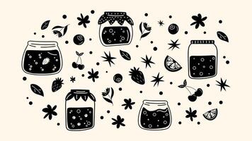 Set of jars of jam in cartoon style. Stickers with honey, jam, cherry, strawberry, blueberry, lime, fruit juice, tea. Bottle, jark, craft in retro doodle style vector