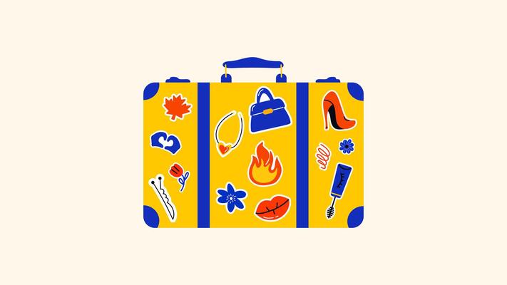 Set cartoon luggage stickers, travel bag, suitcase with stickers for travel. Packing for vacation. Various suitcase with labels. doodle groovy drawing in retro style