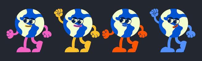 Cartoon retro character planet earth planet mascot, and gloved hands. Stickers with a cute and happy character, 90s style. Helper set vector