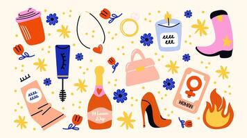 Set cartoon feminist stickers for March 8, International Women's Day. Stickers for the spring holiday, a bouquet of flowers, lipstick, girls power. vector