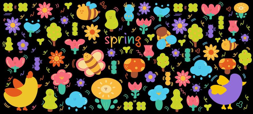 Cartoon groovy stickers set. 90s cute design. botanical elements,stars, geometric, flowers. Spring set. Sticker set