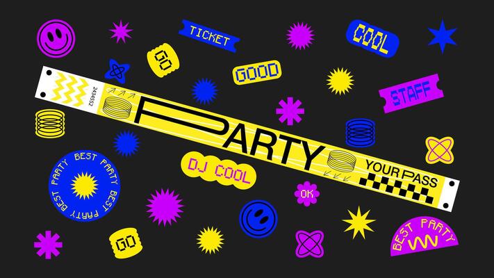 collection of various patches, labels, tags, stickers, bracelet brands for a disco party. vinyl, smile, free entrance, music. Funky hipster stickers in 90s style