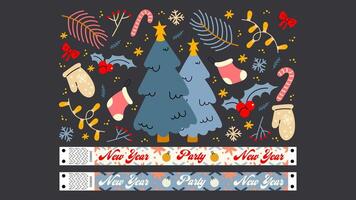 Set cartoon New Year stickers and wristband in the 90s groovy style. Hippie New Yaer patches, new year party, party wristband, winter characters,gifts. Acid bright labels 6 vector
