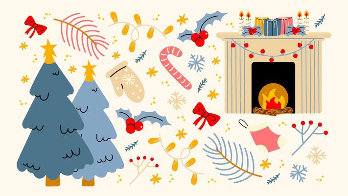 Christmas new year stickers in cartoon style. Gifts, Christmas tree, coziness, Santa. Holiday cartoon illustrations in groove, retro, doodles style.p16