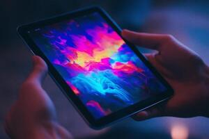 Tablet displaying vibrant pattern with soft background lighting photo