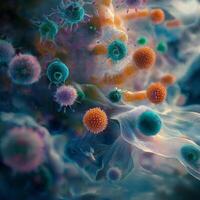 Vibrant microorganisms floating in water with glowing textures and dynamic movement photo