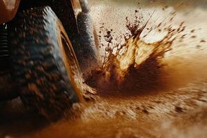 Off-Road Tires Splashing Through Muddy Puddle in Close-Up photo