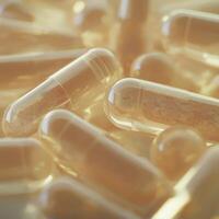 Close-up of Pill Capsules with Transparent Shells and Granules photo