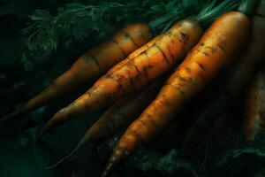 Fresh carrots with vibrant green tops resting on a moody background photo