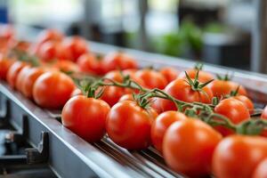 Modern Conveyor System Sorting Fresh Red Tomatoes in Industrial Setting photo