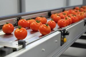 Modern Conveyor System Sorting Fresh Red Tomatoes in Industrial Setting photo