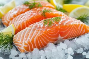 Fresh salmon fillet with dill and lemon chilling on ice for perfect presentation photo