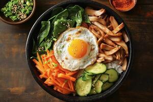 Vibrant bibimbap served in a traditional stone bowl with colorful ingredients photo