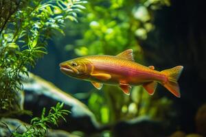 Salmon swimming gracefully in clear water, reflecting sunlight in natural habitat photo