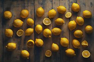 Ripe Lemons Arranged on Wooden Rustic Table photo
