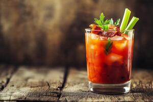 Bloody Mary Cocktail with Celery and Bacon on Rustic Wood photo