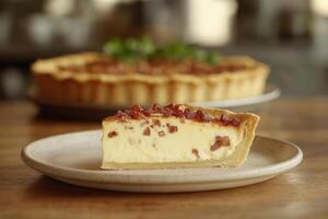 Quiche Lorraine with Bacon and Cheese on Rustic Wood photo