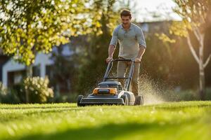 Man mowing vibrant green lawn, scattering grass clippings on sunny summer day photo