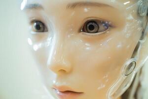 Close-up Portrait of Humanoid Robot Blending Synthetic Skin and Metallic Design photo