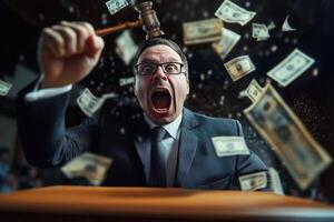 Dynamic auctioneer mid-motion with gavel, floating banknotes, and vibrant atmosphere photo