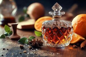 Intricately Designed Crystal Bottle Filled with Amber Bitter on Countertop photo
