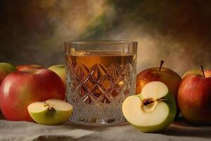 Golden Apple Juice in Crystal Glass with Fresh Apples photo