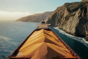 Grain-Loaded Bulk Carrier Sailing Near Rugged Coastal Shore photo