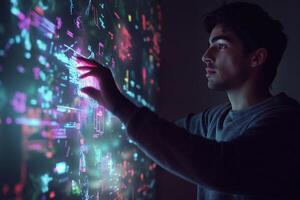 Man Adjusting Smart Home System in Stylish, High-Tech Living Room photo