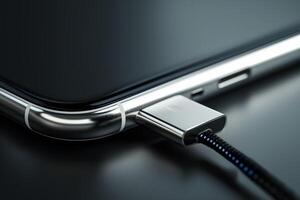 Close-up of USB charger plugged into sleek modern smartphone port photo