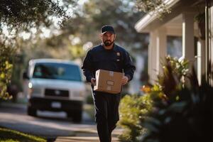 Delivery Man Walking to House with Package Efficient Delivery photo