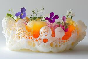 Innovative Molecular Cuisine Dish Masterfully Plated on Minimalist Artistic Setting photo