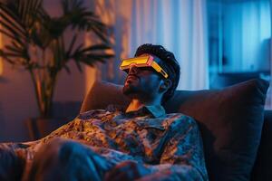 Man Wearing 3D Glasses Immersed in Watching 3D TV photo