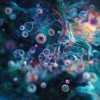 Vibrant microorganisms floating in water with glowing textures and dynamic movement photo