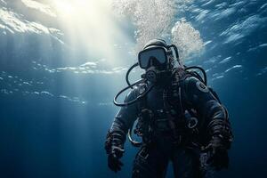 Half-Underwater Diver Descending into Pristine Aquatic Environment photo