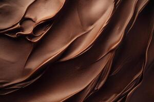 Smooth creamy chocolate frosting glistening under soft light, mocha mousse warmth photo