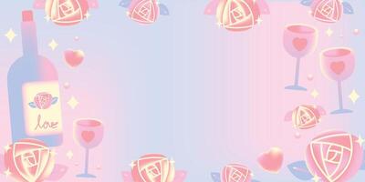 Gradient love concept background banner with wine beverage, rose flower and heart vector