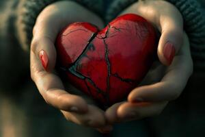 Hands Holding a Red Heart with Cracks in Their Palm photo