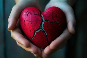 Hands Holding a Red Heart with Cracks in Their Palm photo