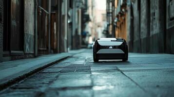 Tiny Autonomous Car Shaped Device for Delivery Highlighting Future of Automated Logistics photo