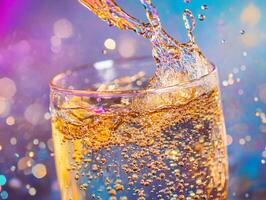 High Speed Photo of Soda Like Liquid Being Poured into a Glass Capturing Dynamic Motion and Refreshment