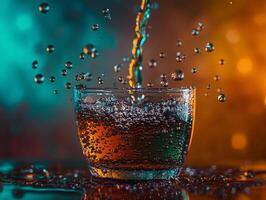 High Speed Photo of Soda Like Liquid Being Poured into a Glass Capturing Dynamic Motion and Refreshment
