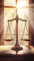 Balanced Empty Scale on a Table with Sunlight Shining Through the Window Symbolizing Fairness and Harmony photo
