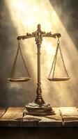 Balanced Empty Scale on a Table with Sunlight Shining Through the Window Symbolizing Fairness and Harmony photo
