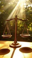 Balanced Empty Scale on a Table with Sunlight Shining Through the Window Symbolizing Fairness and Harmony photo