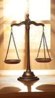 Balanced Empty Scale on a Table with Sunlight Shining Through the Window Symbolizing Fairness and Harmony photo