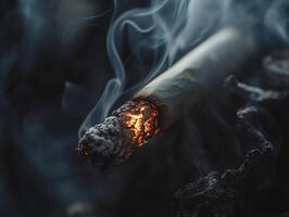 Close Up of a Burning Cigarette with Heavy Smoke Capturing the Intensity and Hazards of Smoking photo