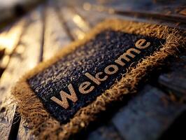 Retro Front Door Mat Saying 'Welcome' on a Porch Highlighting Vintage Charm and Inviting Warmth photo