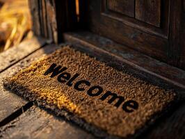 Retro Front Door Mat Saying 'Welcome' on a Porch Highlighting Vintage Charm and Inviting Warmth photo
